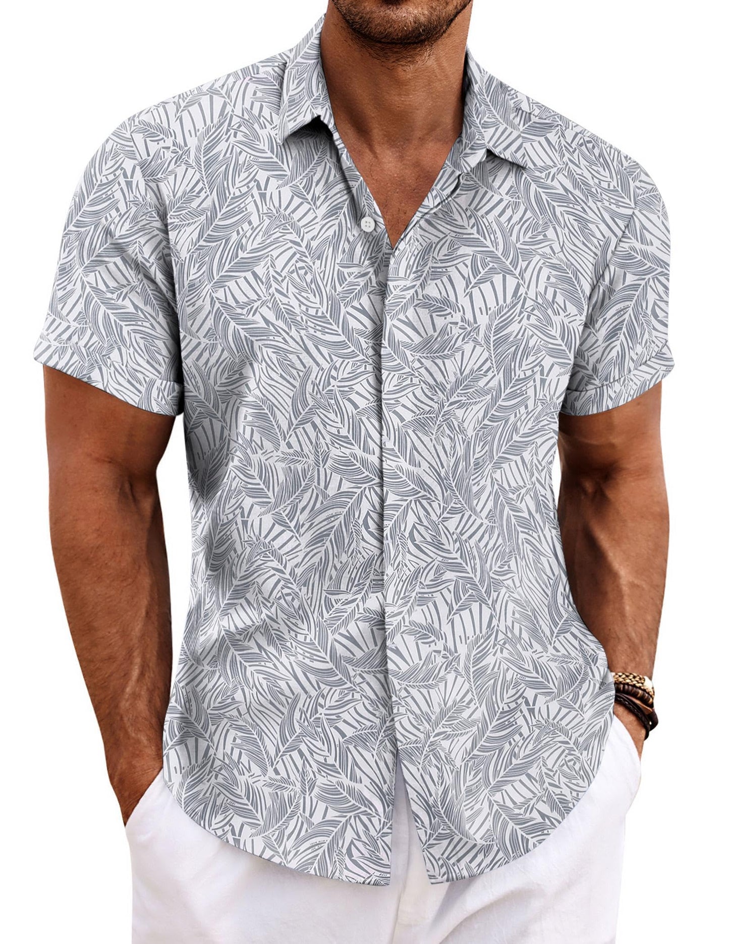 HOTCOOFANDY Men's Linen Shirts Short Sleeve Casual Shirts Button Down Shirt for Men Beach Summer Wedding Shirt