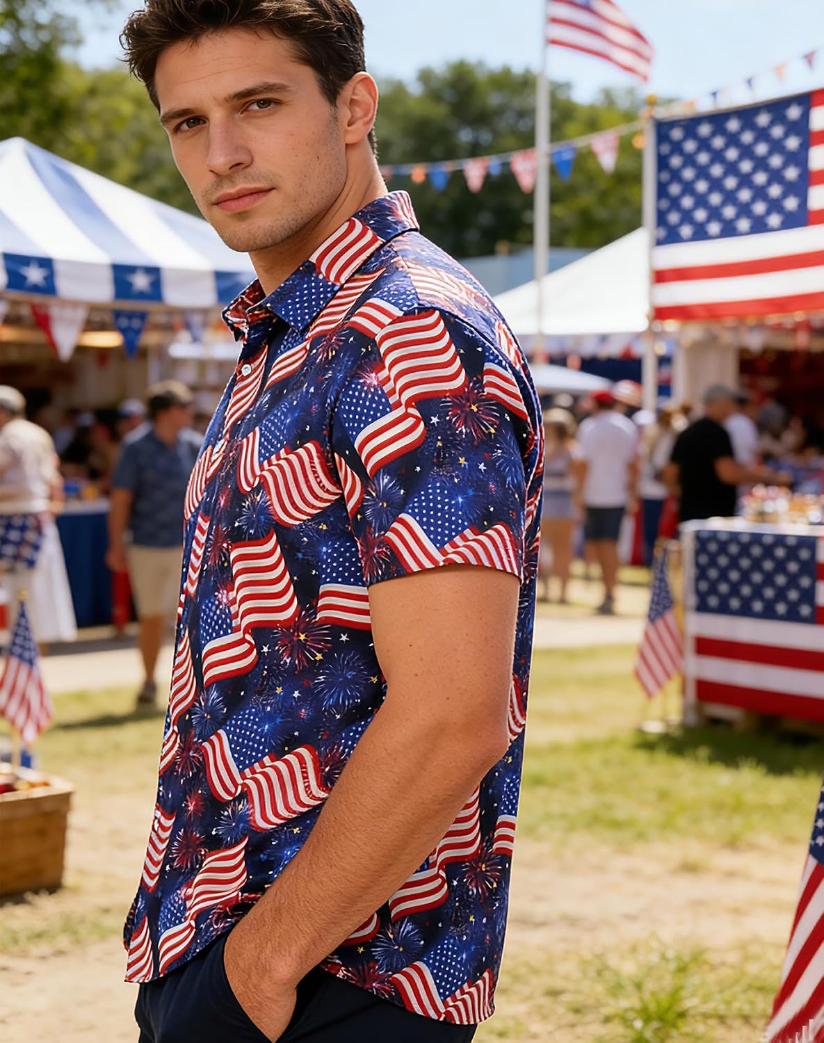 HOTuideazone Mens 4th of July American Flag Patriotic Shirt M-XXL | USA Short Sleeve Button Up Shirt for Independence Day, Memorial Days, Flag Day, 4th of July Parties, Beach Trips and Daily