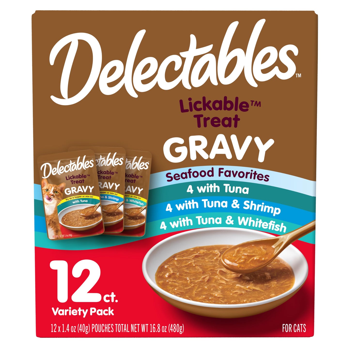 HOTDelectables Lickable Treat Gravy Wet Cat Treat Variety Pack, Food Topper, Hydrating, Grain-Free, No Fillers, By-Products, Added Preservatives, 1.4oz Pouch, 12ct