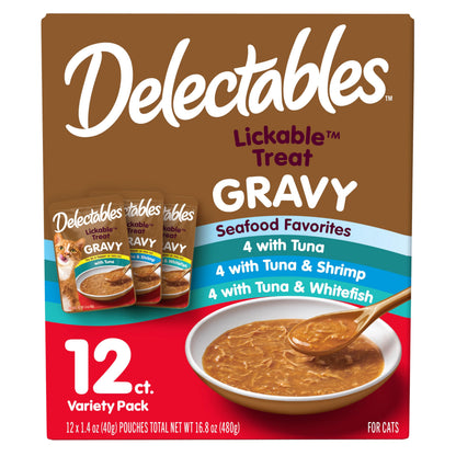 HOTDelectables Lickable Treat Gravy Wet Cat Treat Variety Pack, Food Topper, Hydrating, Grain-Free, No Fillers, By-Products, Added Preservatives, 1.4oz Pouch, 12ct