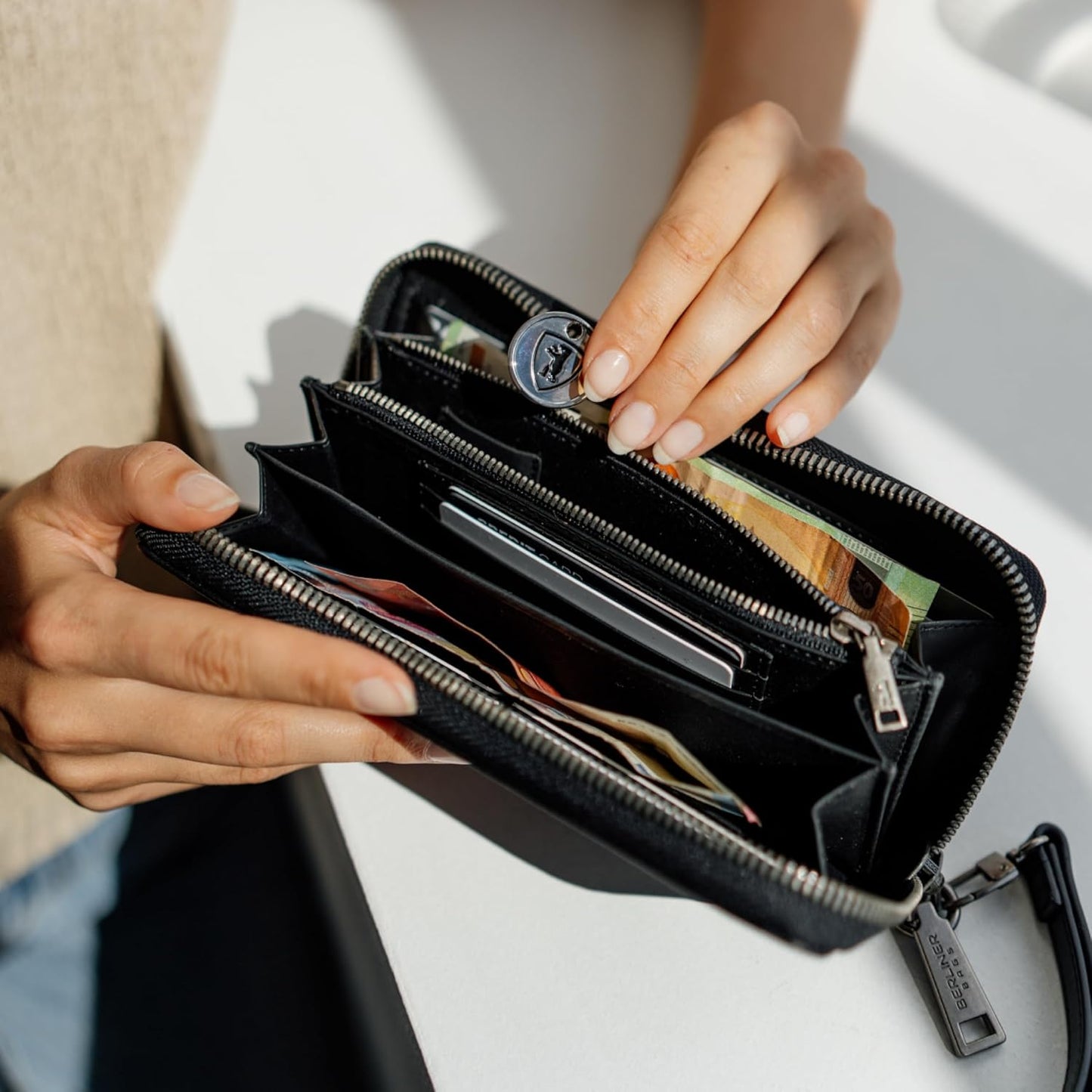 HOTBERLINER BAGS Genuine Leather Zip Wallet Women Lyon, Gift Box – Black | Soft Leather Zip Around Wallet, Fits up to Phone 6.9", 15 Card Slots, 1 ID Window, 3 Bill Slots, 1 Coin Pocket, RFID Blocking