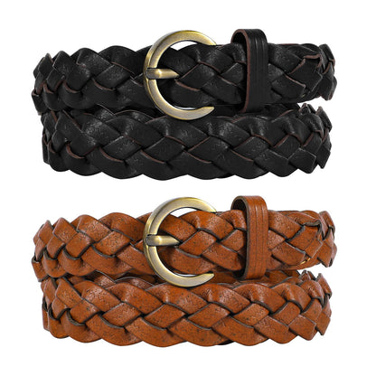 HOTXZQTIVE 2 Pieces Women's Braided Leather Belts Casual 0.9" Skinny Woven Belt for Jean Pant