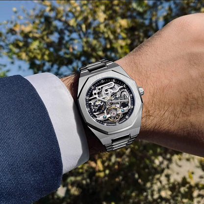 HOTFORSINING Vintage Watch for Men Engraved Automatic Self-Wind Mechanical Big Dial Luminous Moon Phase Golden Hollow Tattoo Pattern Wrist Watches, Mechanical
