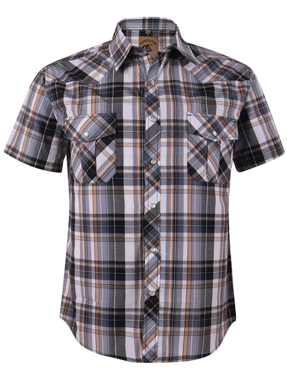 HOTCOEVALS CLUB Men's Western Cowboy Short Sleeve Pearl Snap Casual Plaid Work Shirts