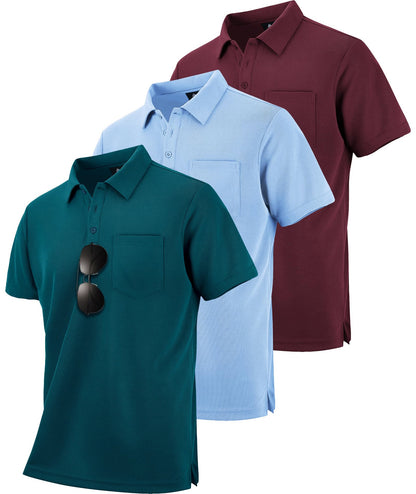 HOTZITY Men's 3 Pack Polo Shirts Short Sleeve with Pocket Moisture Wicking Casual Work Golf Lightweight Collared T-Shirts