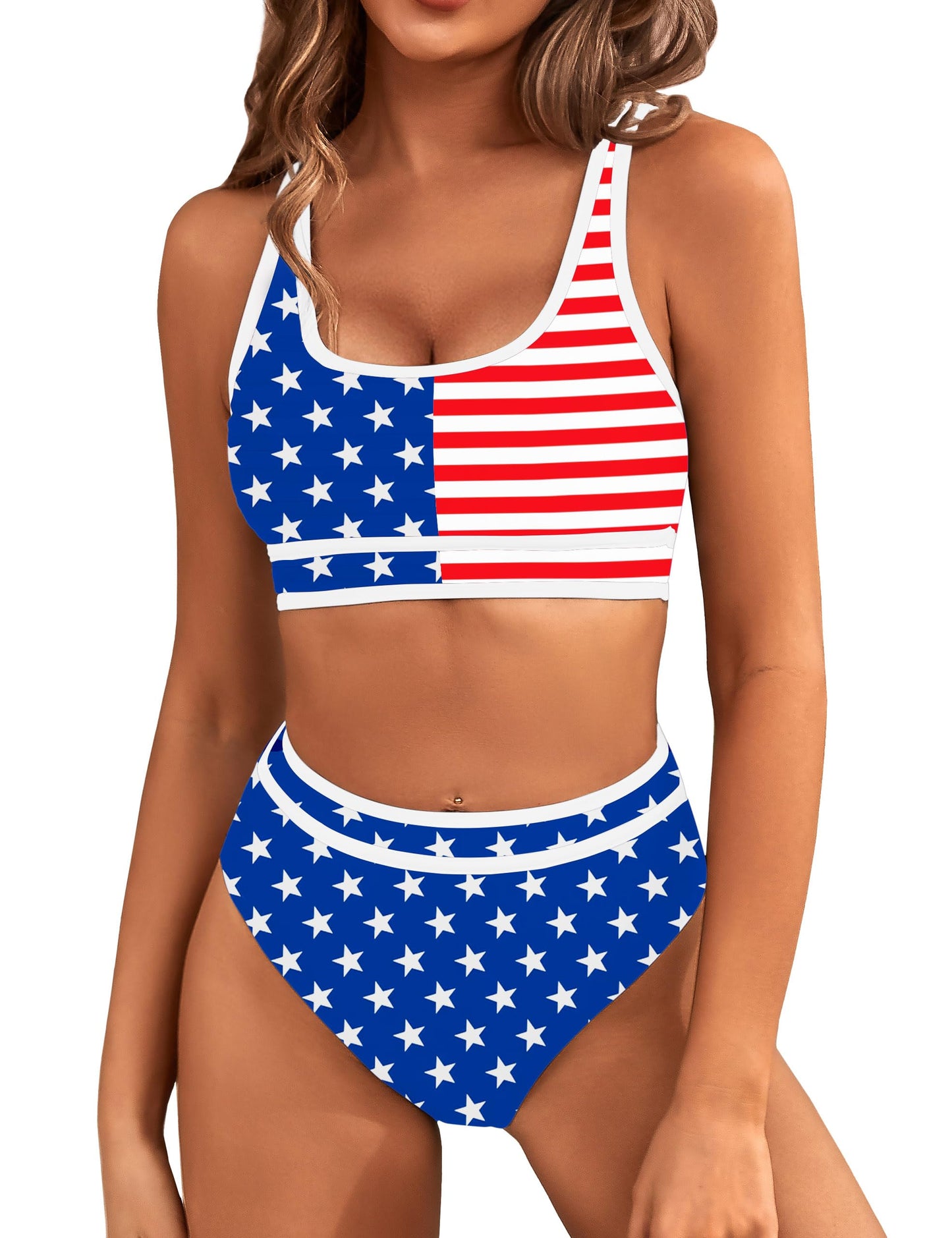 HOTBMJL Women's High Waisted Bikini Sets Sporty Two Piece Swimsuits Color Block Tummy Control Modest Bathing Suit