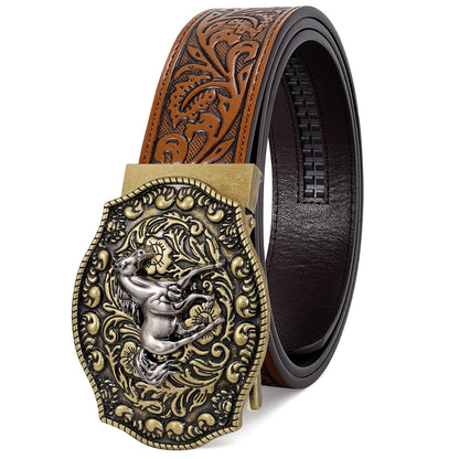 HOTSANSTHS Western Cowboy Ratchet Belts for Men Women Leather Cowboy Belt with Automatic Western Buckle for Jeans Gifts