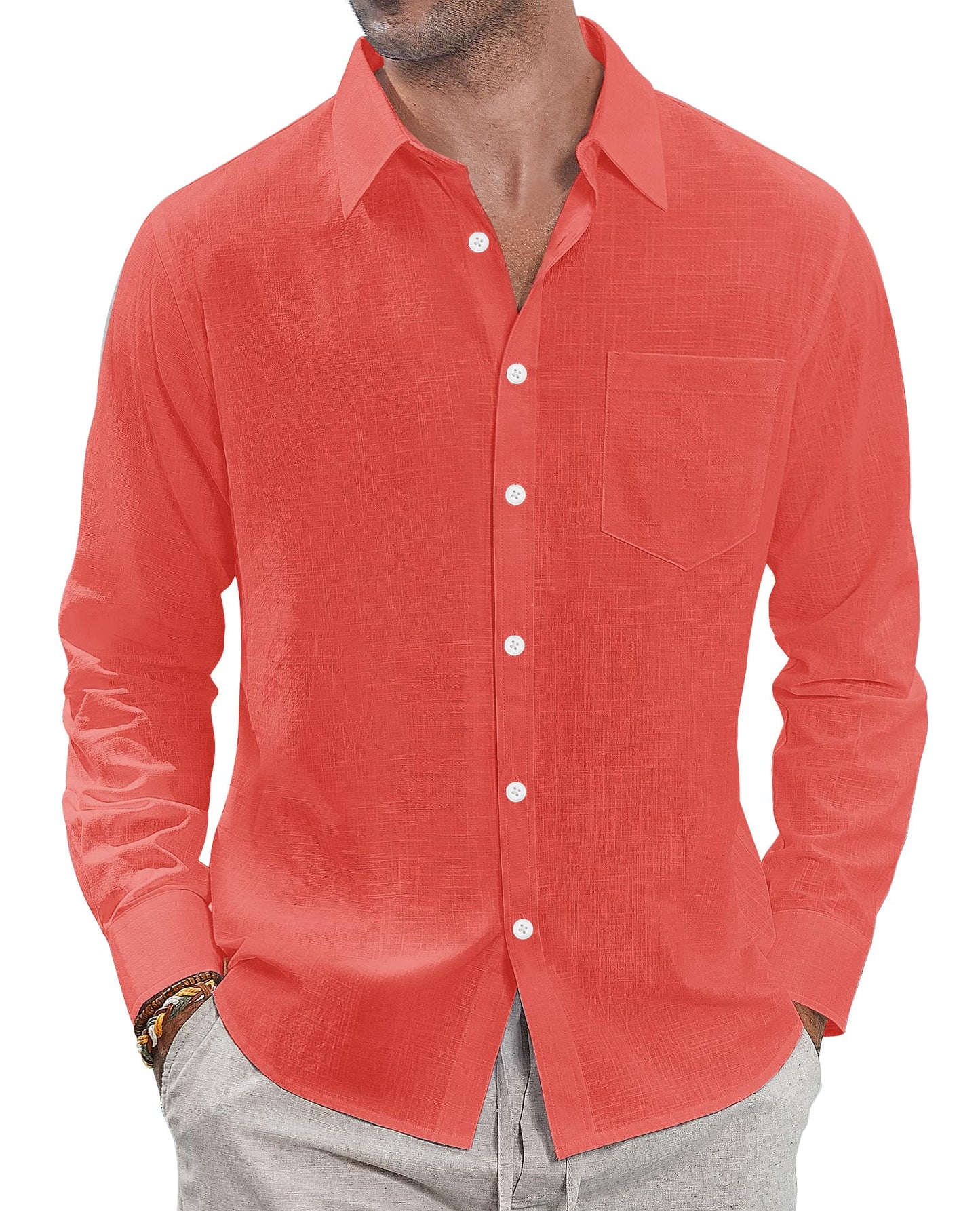 HOTJ.VER Men's Linen Shirts Casual Button Down Long Sleeve Shirt Solid Spread Collar Summer Beach Shirts with Pocket