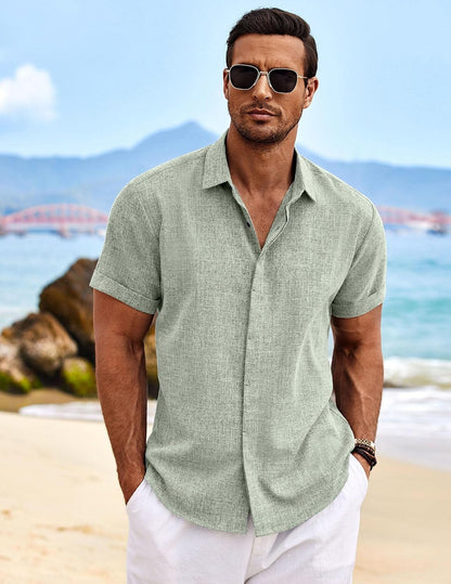 HOTCOOFANDY Men's Linen Shirts Short Sleeve Casual Shirts Button Down Shirt for Men Beach Summer Wedding Shirt