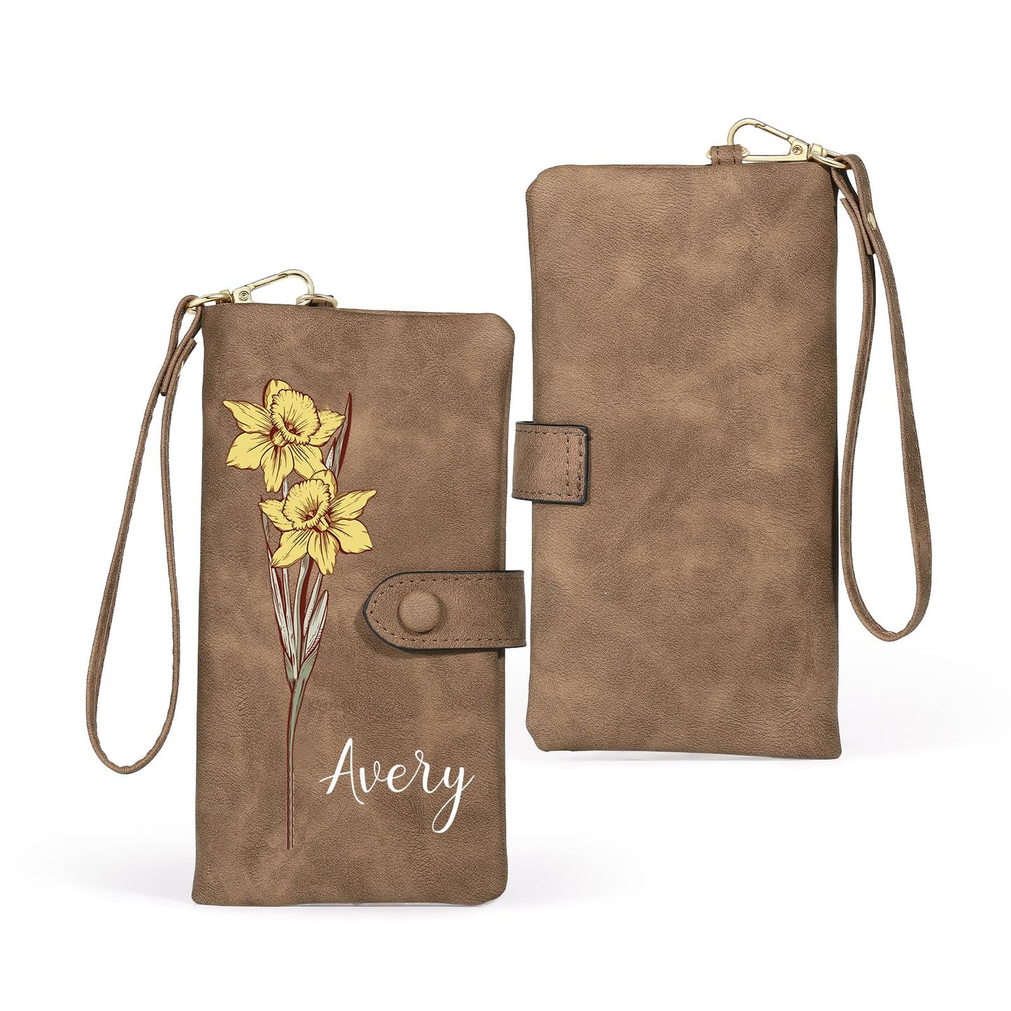 HOTPersonalized Wallet for Women, Custom Birth Flower & Name Detachable Leather Wristlet, Stylish Card Holder Purse with Zipper Large Capacity Wallet Mother's Day Gifts for Mom (Purple)