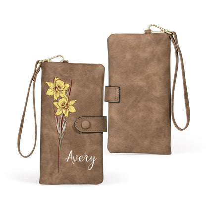 HOTPersonalized Wallet for Women, Custom Birth Flower & Name Detachable Leather Wristlet, Stylish Card Holder Purse with Zipper Large Capacity Wallet Mother's Day Gifts for Mom (Purple)