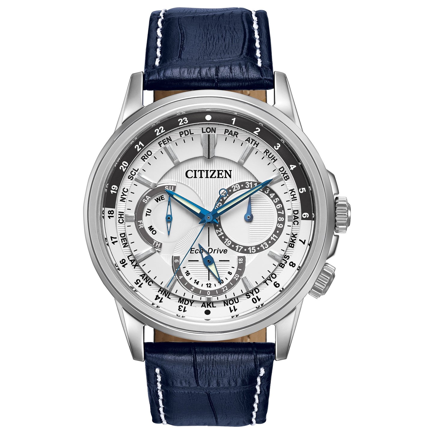 HOTCitizen Men's Eco-Drive Calendrier Classic Watch, 12/24 Hour Time, 3-Hand Day and Date, Chronograph, Luminous Hands