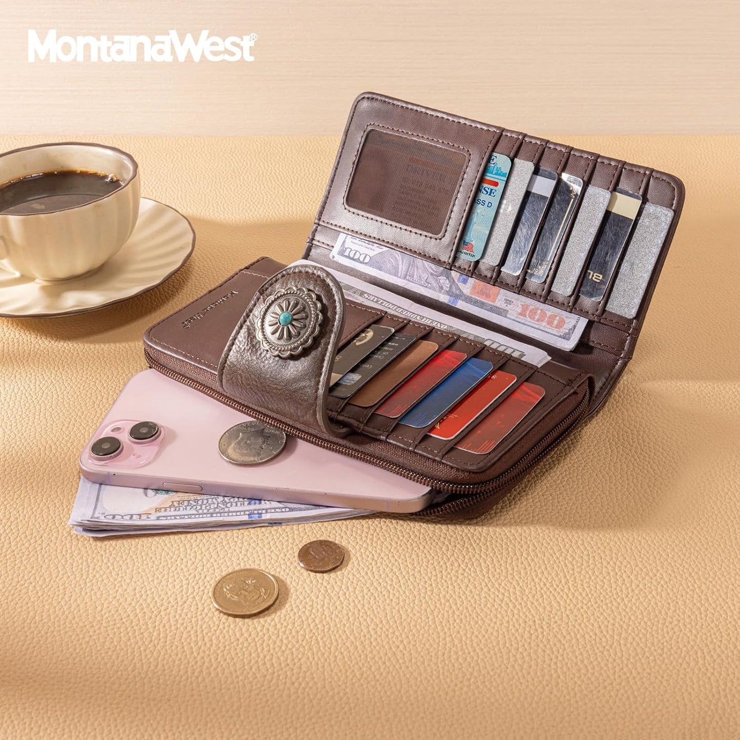 HOTMontana West Women's Wallets Western Sunflower Wallet Women Large Capacity Credit Card Wallet Ladies Female Bifold Clutch Wallets with ID Window and Coin Purse
