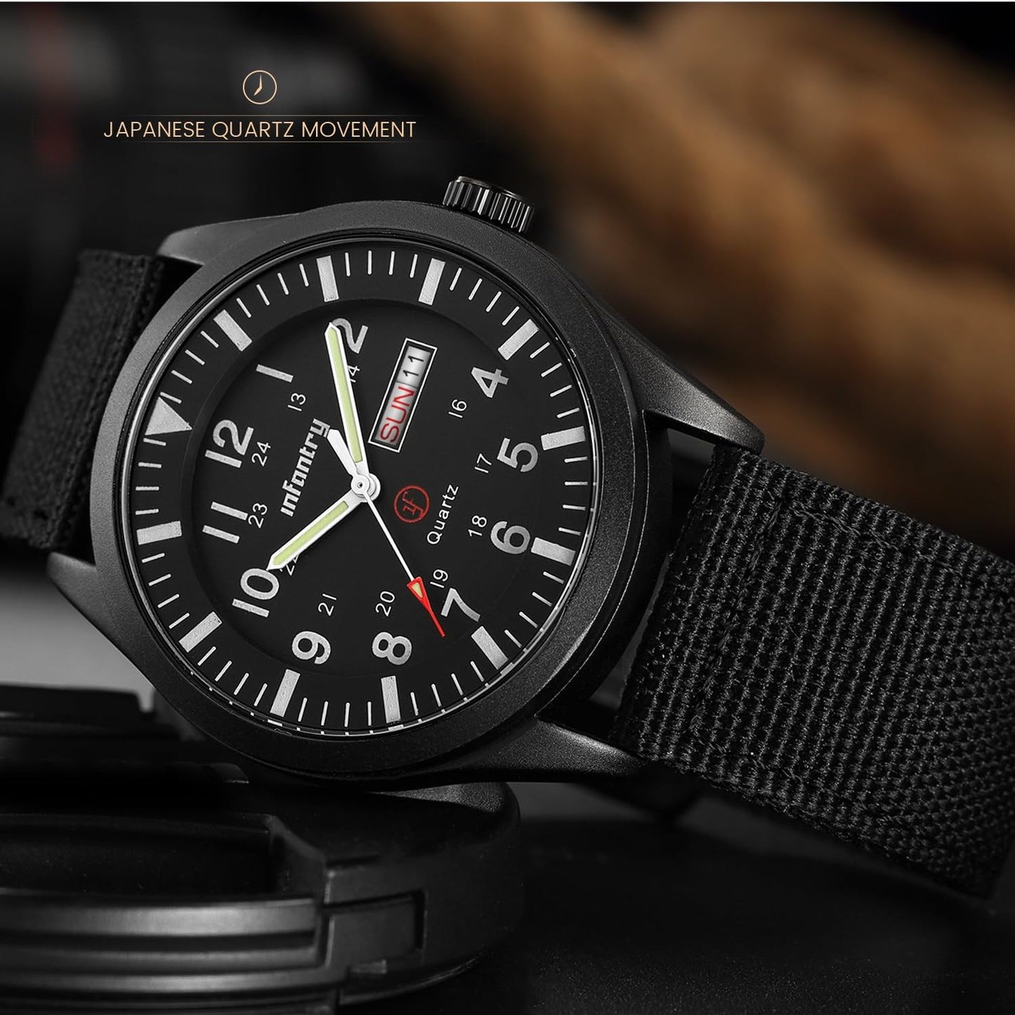 HOTInfantry Mens Military Field Watch, 12/24H Day Date, 5ATM Waterproof Nylon | Tactical Army Style, Analog Quartz, Day Date Window, Breathable Band for Outdoor Work Sport