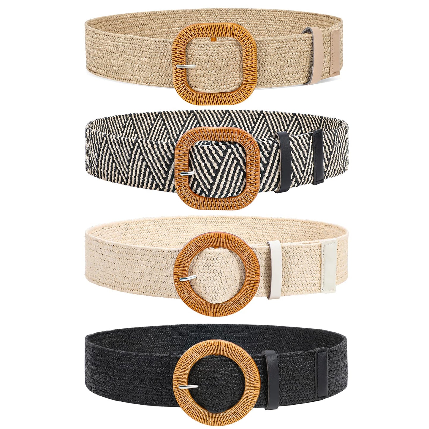 HOTVONMELLI 4 Pack Straw Woven Elastic Stretch Waist Belt for Women Fashion Dress, Boho Braided Women's Belts