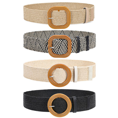 HOTVONMELLI 4 Pack Straw Woven Elastic Stretch Waist Belt for Women Fashion Dress, Boho Braided Women's Belts