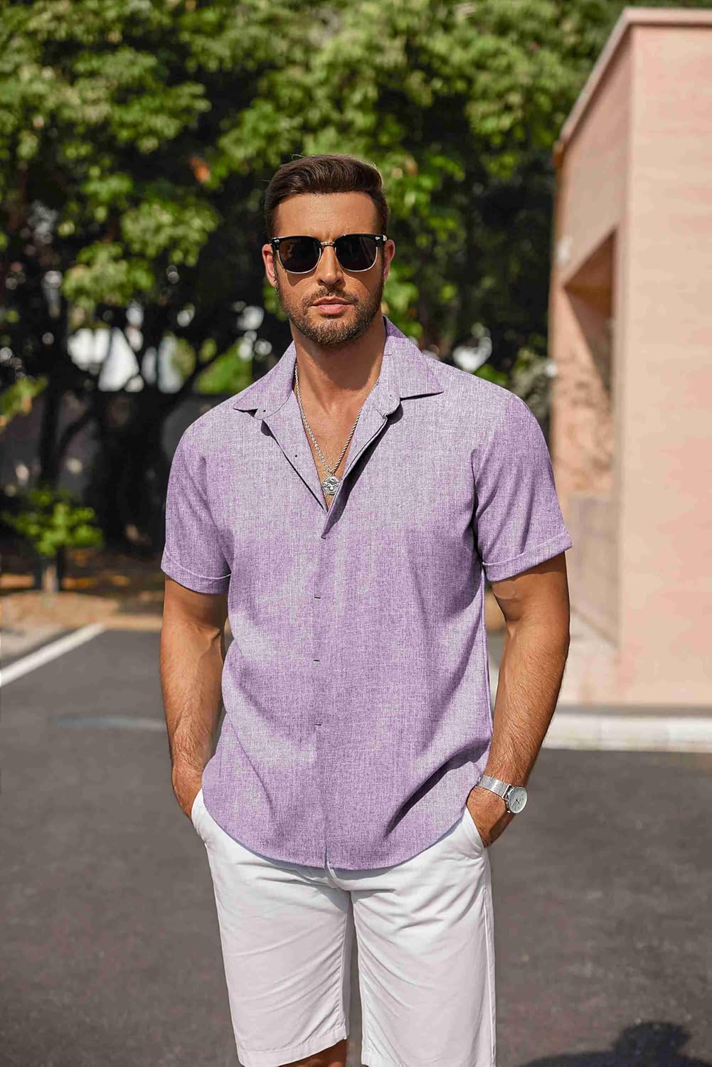HOTCOOFANDY Men's Linen Shirts Short Sleeve Casual Shirts Button Down Shirt for Men Beach Summer Wedding Shirt