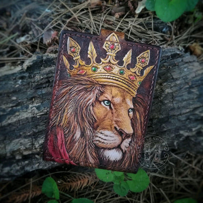 HOTTheodoros King Lion Leather Wallet for Men, Genuine Full Grain Leather Bifold Wallet, Handmade Hand-Tooled, Hand-Carved & Hand-Painted Wallet, RFID Blocking, Personalized Custom Gift for Men