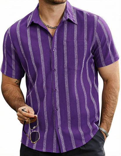 HOTVATPAVE Mens Summer Striped Shirts Button Down Short Sleeve Vintage Beach Hawaiian Shirts with Pocket