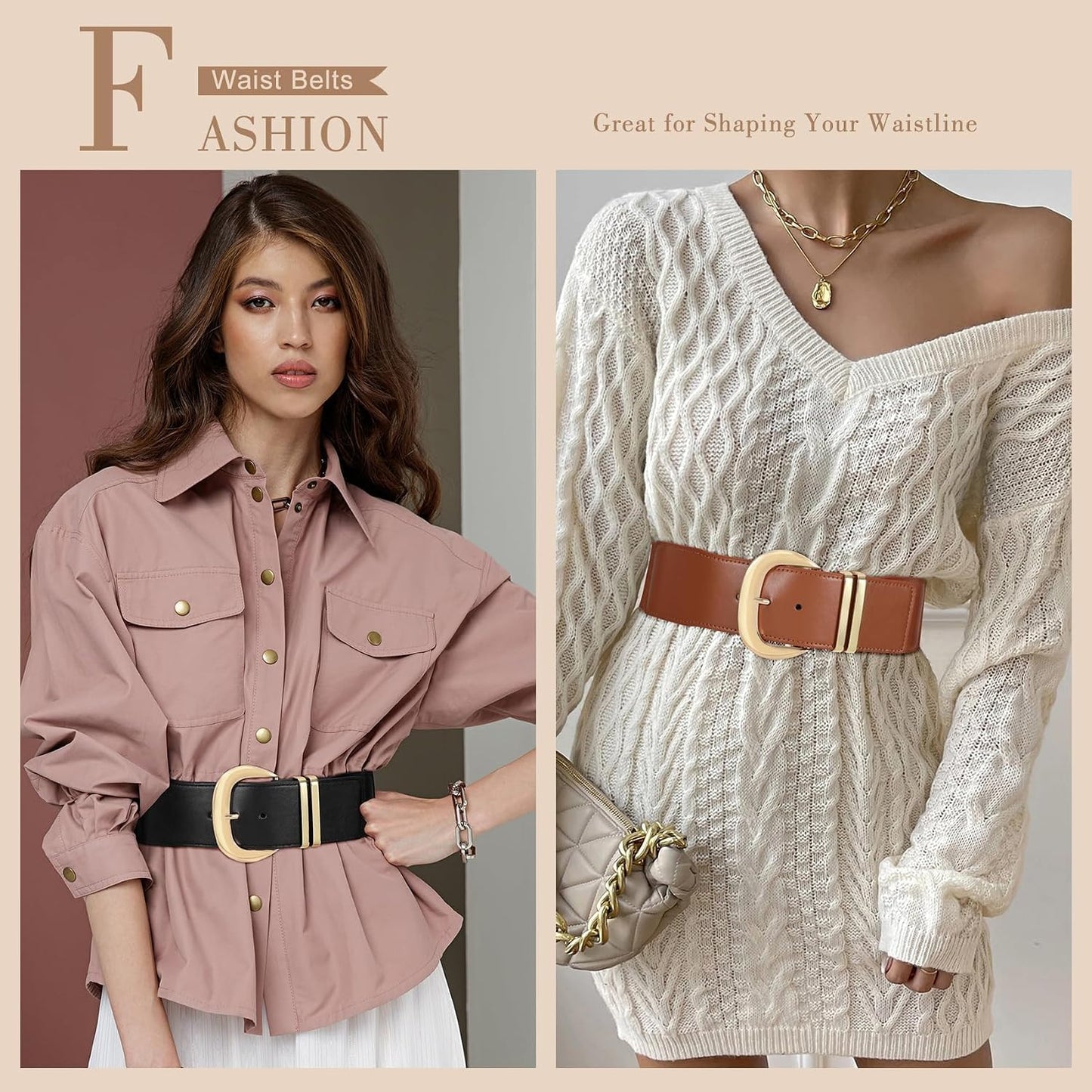 HOTWHIPPY Women Wide Elastic Waist Belt for Dresses Fashion Gold Buckle Stretchy Leather Waistband for Ladies