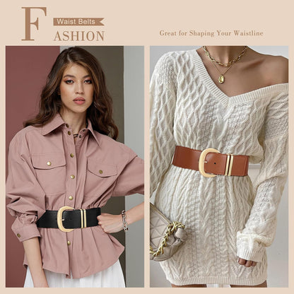 HOTWHIPPY Women Wide Elastic Waist Belt for Dresses Fashion Gold Buckle Stretchy Leather Waistband for Ladies