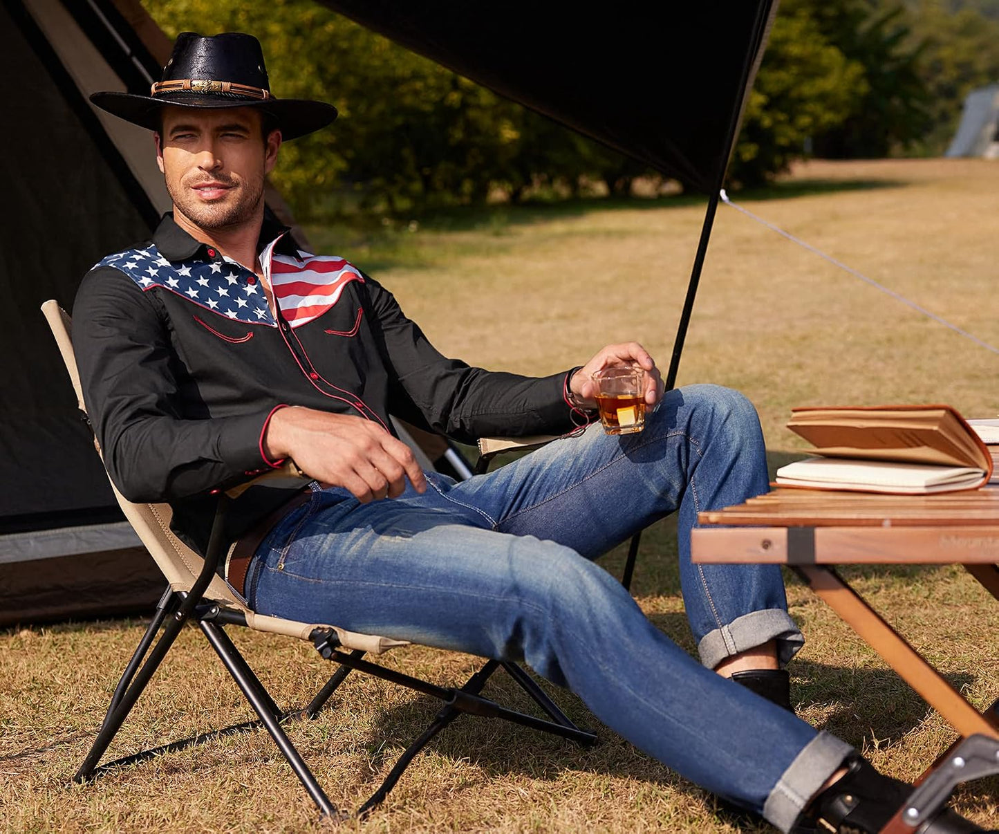 HOTCOOFANDY Men's American Flag Button Down Shirts Western Cowboy Shirt Slim Fit Patriotic Long Sleeve Shirt