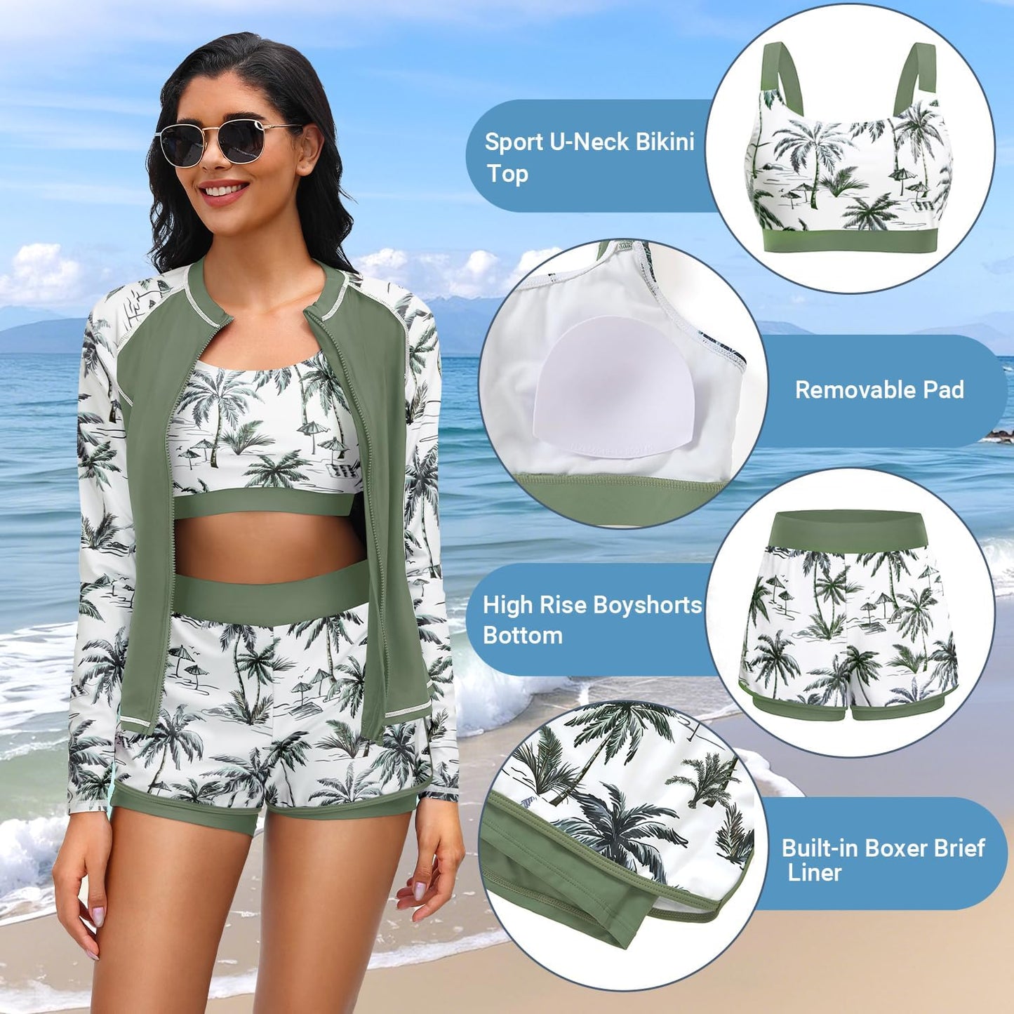 HOTDaci 3 Piece Rash Guard Set with 3'' Shorts | UPF 50+ Sun Protection, Long Sleeve Swim Shirt, High Rise, Built-in Bra, Removable Pads, for Beach, Pool, and Surfing