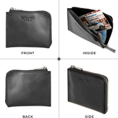HOTBERLINER BAGS Genuine Leather Coin Purse Mark, Credit Card Holder, Mini Wallet with Zipper for Men and Women