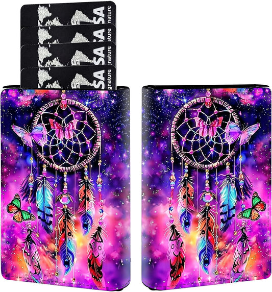 HOTPop Up Wallet Women Men with Money Slot,RFID Blocking Leather Minimalist Automatic Credit Card Holder Business Trifold Card Case-Purple Dream Catcher