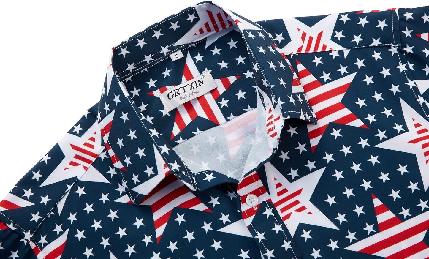 HOTMens American Flag Shirt - Patriotic Shirts for Men Short Sleeve Button Down Hawaiian Shirts