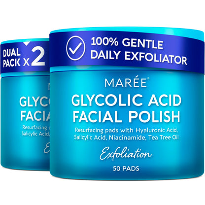 HOTMAREE Glycolic Acid Pads - Toner Pads for Face Cleansing - Exfoliating Pad with Tea Tree Oil, Salicylic Acid & Vitamins E, B3, B5 - Facial Polishes & Peels, Skin Pore Resurfacing & Radiance - 50 Count