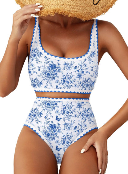 HOTHerseas Women's Bikini Sets Floral Print Whip Stitch 2 Piece Swimsuits High Waisted Scoop Bathing Suits