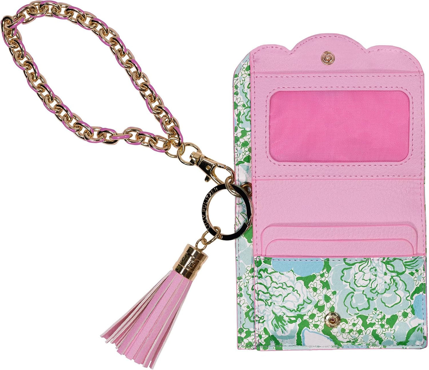 HOTLilly Pulitzer Leatherette Snap ID Card Case, Mint Condition Burst of Joy | Cute Keychain Wallet, Slim Credit Card Holder with Gold Chain Wristlet Strap and Tassel