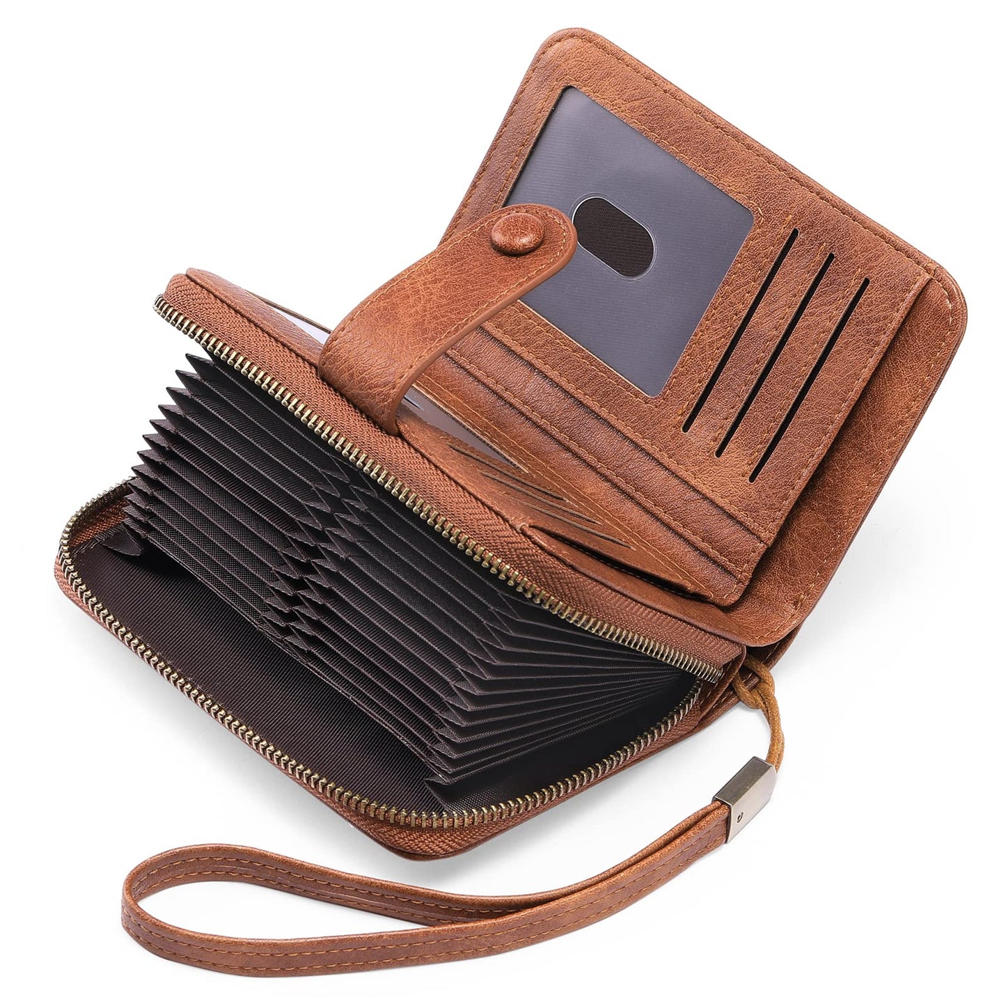 HOTGAEKEAO Leather Credit Card Holder Wallet for Women RFID Blocking Large Capacity Bifold Zipper Card Case Organizer with Wristlet 32 Slots