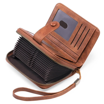 HOTGAEKEAO Leather Credit Card Holder Wallet for Women RFID Blocking Large Capacity Bifold Zipper Card Case Organizer with Wristlet 32 Slots