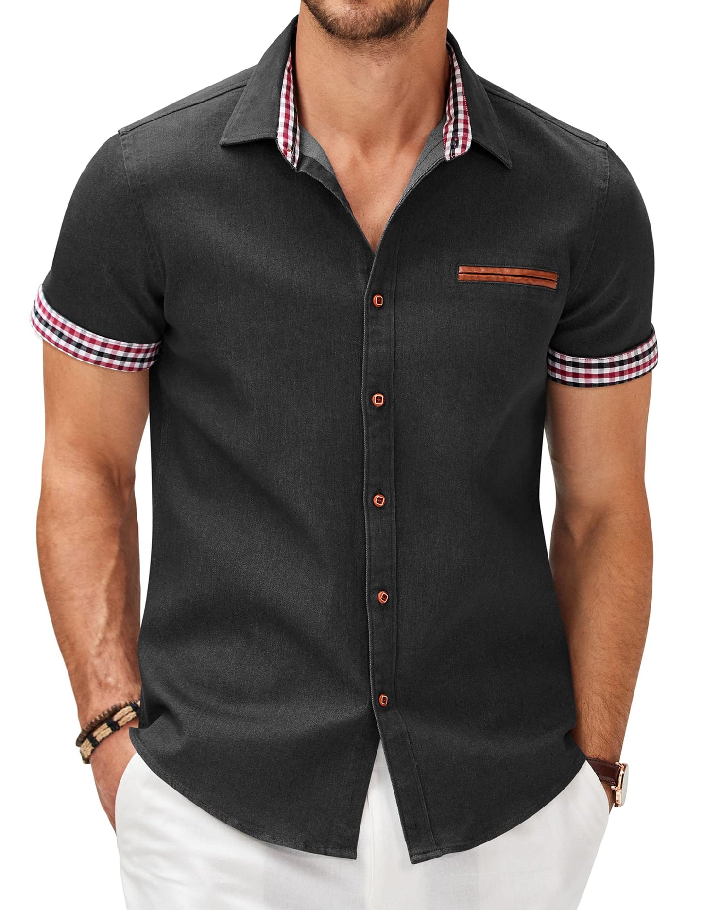 HOTCOOFANDY Men's Cotton Casual Short Sleeve Button Down Shirt Plaid Collar Denim Work Shirts