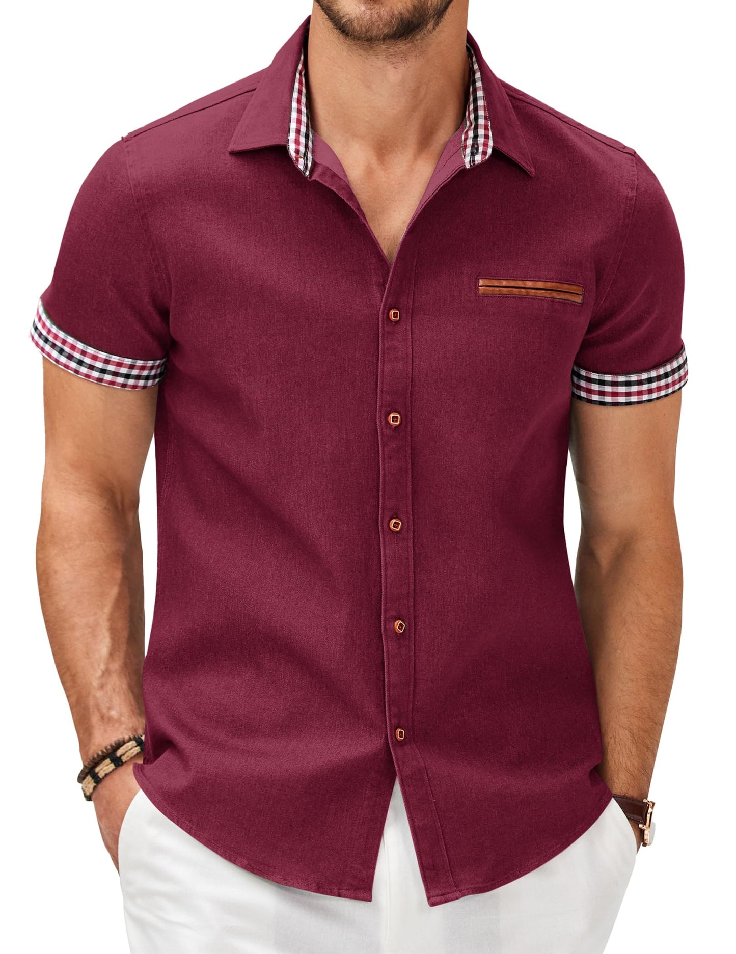 HOTCOOFANDY Men's Cotton Casual Short Sleeve Button Down Shirt Plaid Collar Denim Work Shirts