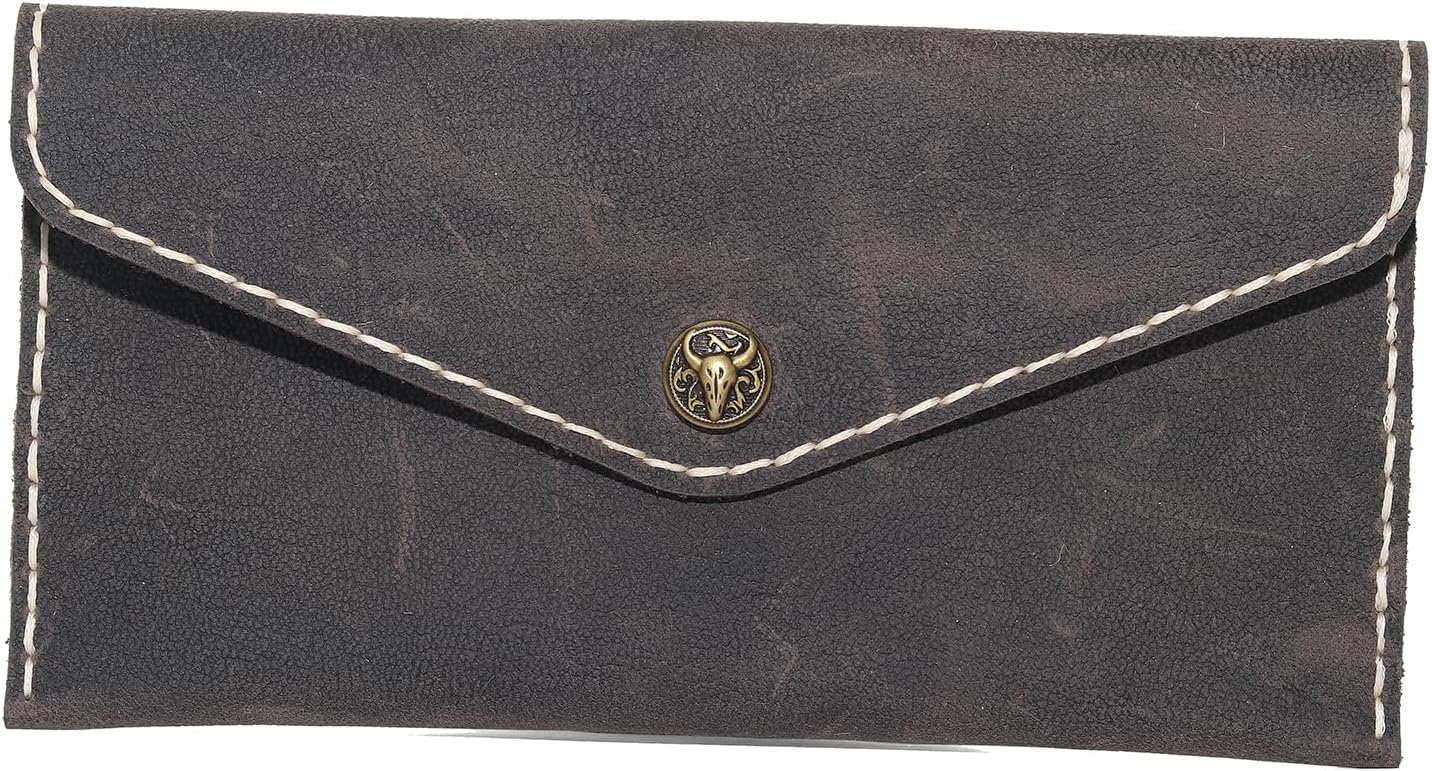 HOTHandcrafted Full-Grain Leather Envelope Wallet Artisan Stitching with Metal Snaps, Slim Card Holder & Cash Organizer (7.5x3.9in) (Black)