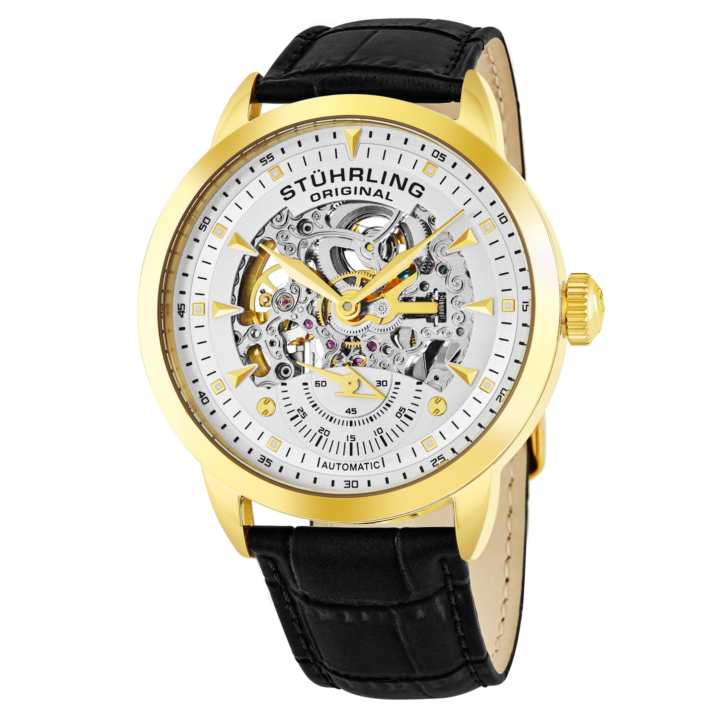 HOTStuhrling Original Mens Skeleton Automatic Dress Watch with Alligator Embossed Leather Strap Skeleton Dial