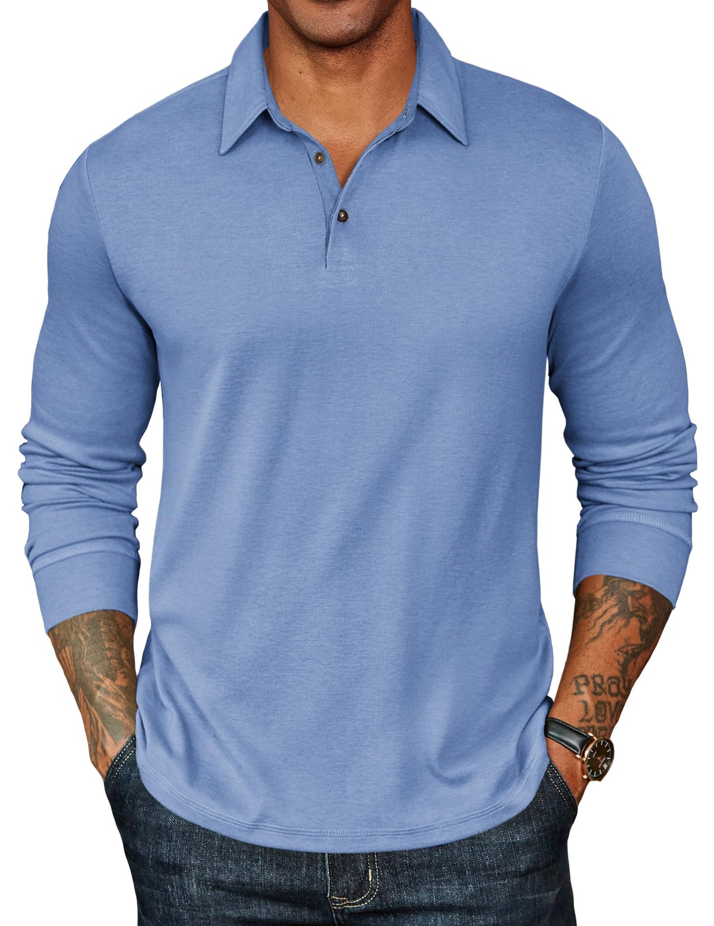 HOTCOOFANDY Mens Long Sleeve Polo Shirts Classic CasualButton Collared PoloTee