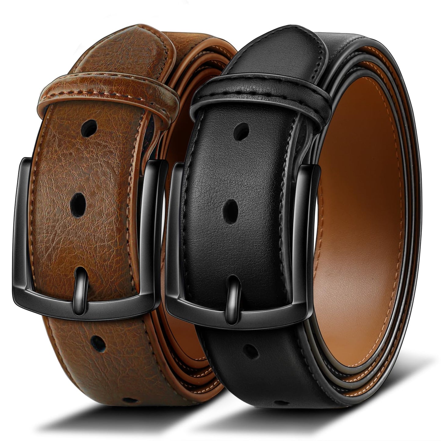 HOTBULLIANT 2-Pack Leather Belt for Men 1 3/8"-7 Eyelets-Gift Boxed | 7 Grommets Adjustable Range | Versatile for Golf Dress Casual Jeans