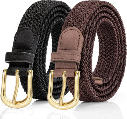 HOT2 Pack Braided Belt for Women, Elastic Woven Stretch Fabric Cloth Belt with Gold Buckle