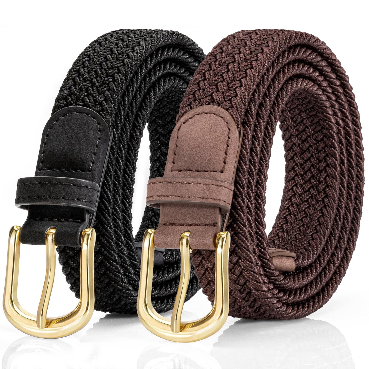 HOT2 Pack Braided Belt for Women, Elastic Woven Stretch Fabric Cloth Belt with Gold Buckle