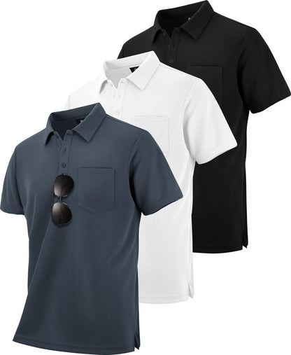 HOTZITY Men's 3 Pack Polo Shirts Short Sleeve with Pocket Moisture Wicking Casual Work Golf Lightweight Collared T-Shirts