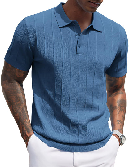 HOTCOOFANDY Mens Knit Polo Shirts Short Sleeve Ribbed Textured Polo Shirt Lightweight Casual Golf Shirts Collared T Shirt