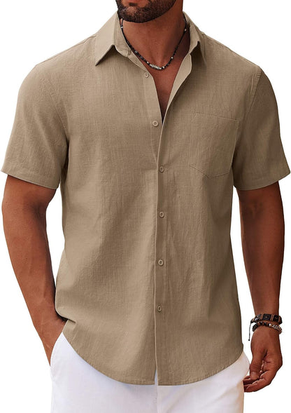 HOTCOOFANDY Men's Button Down Short Sleeve Shirt Casual Cotton Summer Beach Linen Wedding Shirts with Pocket