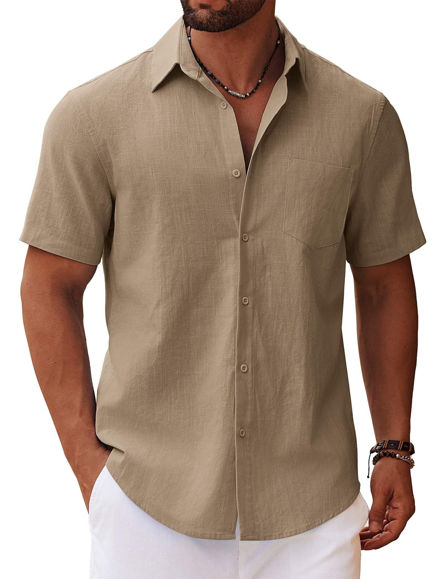 HOTCOOFANDY Men's Button Down Short Sleeve Shirt Casual Cotton Summer Beach Linen Wedding Shirts with Pocket
