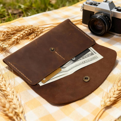 HOTHandmade Crazy Horse Genuine Leather Envelope Wallet, Card Holder with 2 Card Slots Vintage Slim Hand-Stitched Wallet