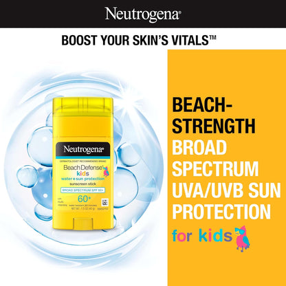 HOTNeutrogena Beach Defense Kids Sunscreen Stick SPF 60+, Hawaii Reef Act 104 Compliant, Octinoxate & Oxybenzone Free, Sunscreen for Face & Body, Travel Size Sun Protection, 1.5 oz