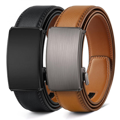 HOTBULLIANT Men Ratchet Belt 2 Pack, Click Sliding Leather Belt Adjustable for Gift Men Dress Casual Jeans 1 3/8,Cut for Fit